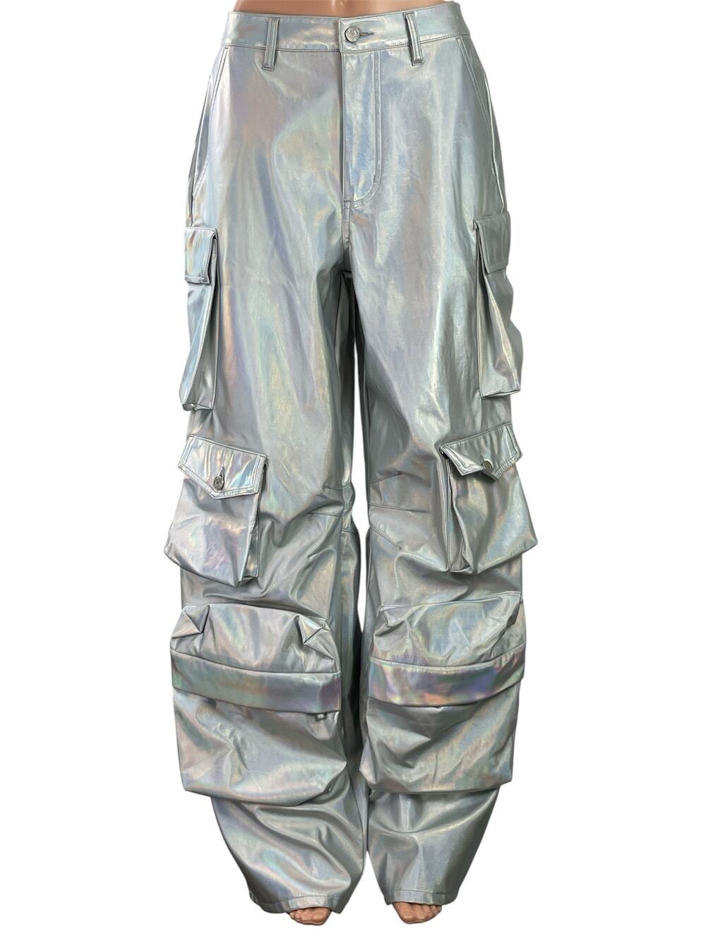 AFRM Women's Silver Metallic High Rise Bloomer Wide Leg Baggy Cargo Pants 26